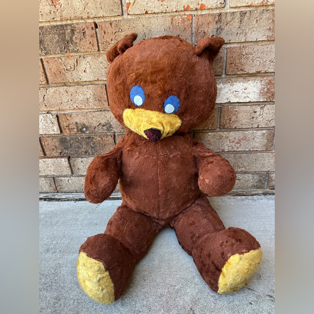 Vintage Brown Teddy Bear Plush Blue Eyes Smile 28” Stuffed Animal